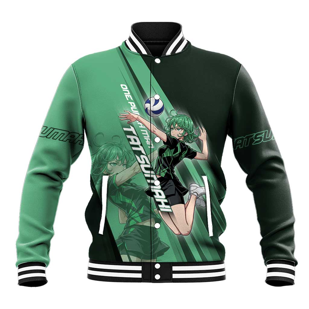 Personalized Tatsumaki Volleyball Design Baseball Jacket with Green Athletic Theme and Energetic Action Pose
