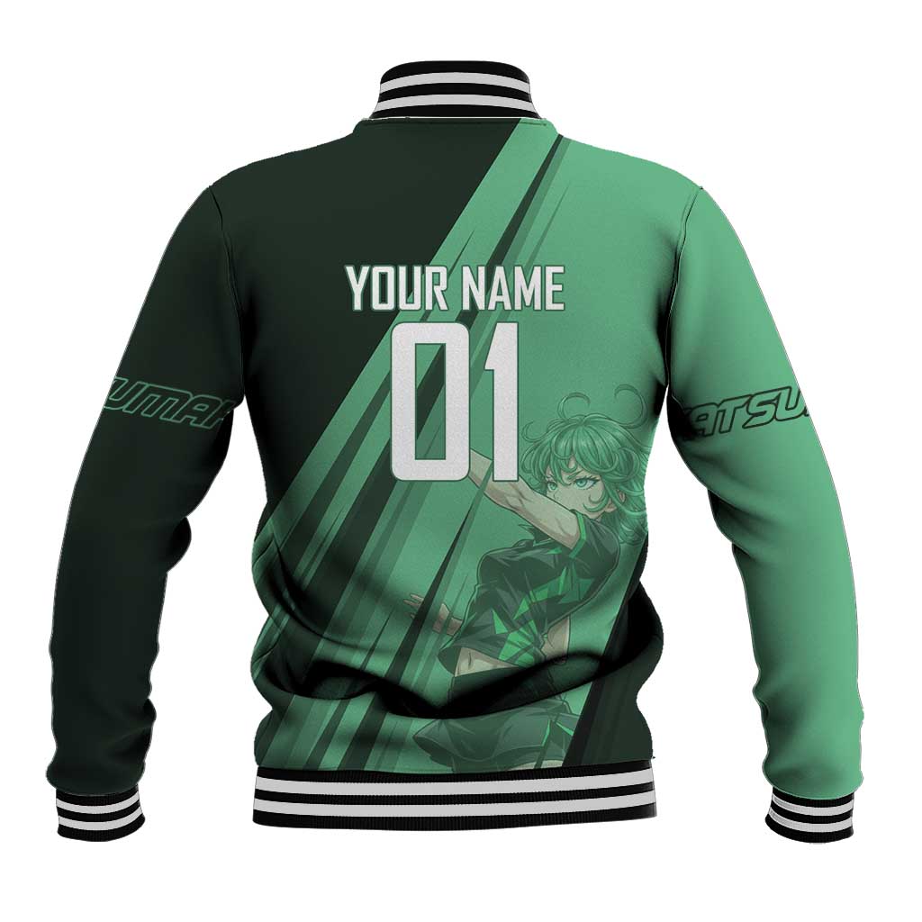Personalized Tatsumaki Volleyball Design Baseball Jacket with Green Athletic Theme and Energetic Action Pose