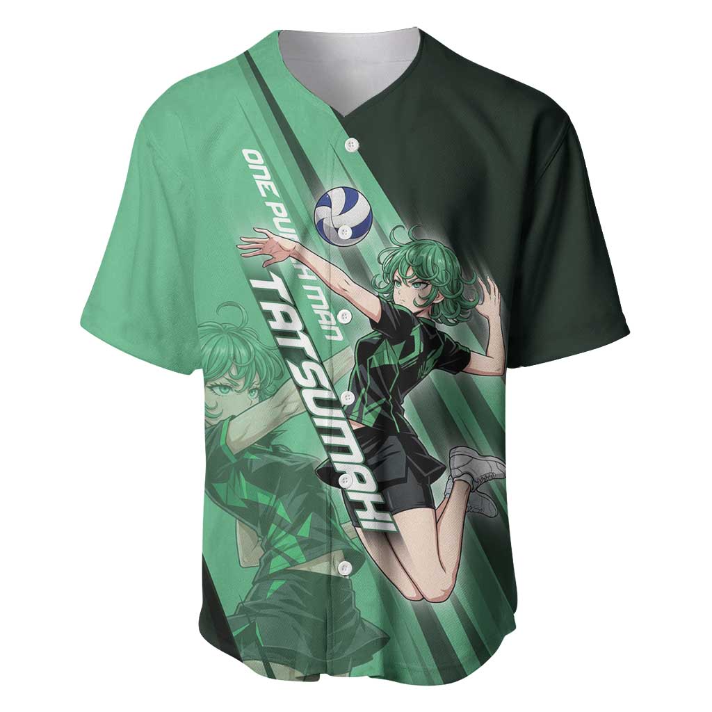 Personalized Tatsumaki Volleyball Design Baseball Jersey with Green Athletic Theme and Energetic Action Pose