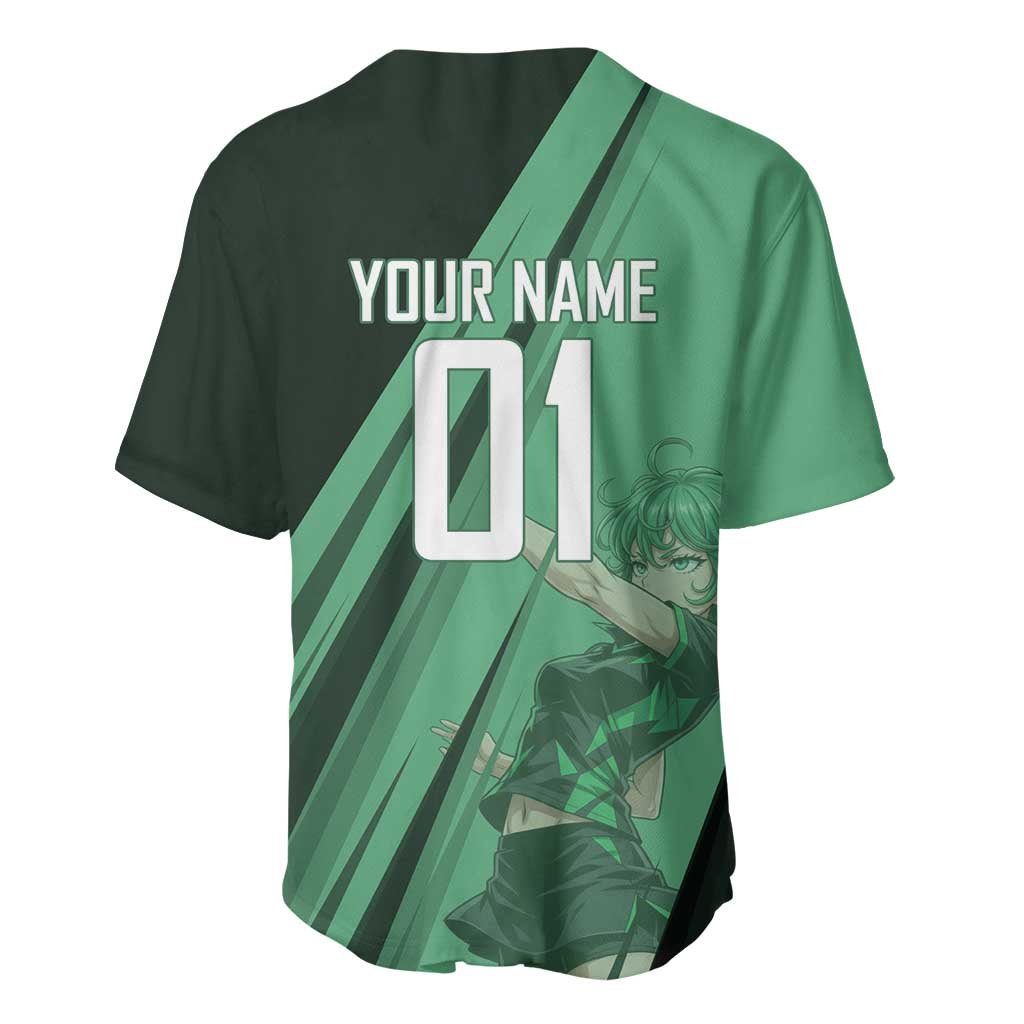 Personalized Tatsumaki Volleyball Design Baseball Jersey with Green Athletic Theme and Energetic Action Pose
