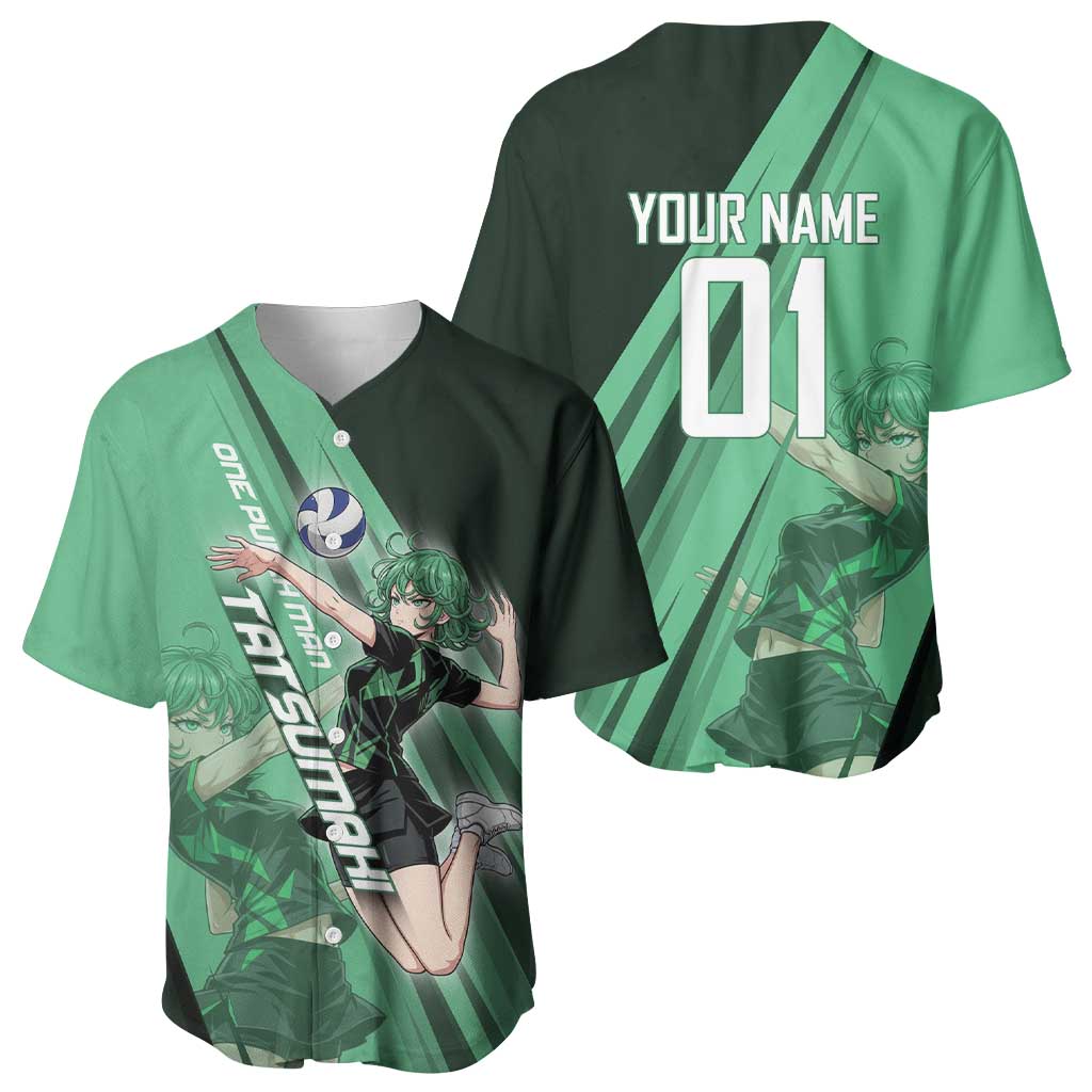 Personalized Tatsumaki Volleyball Design Baseball Jersey with Green Athletic Theme and Energetic Action Pose