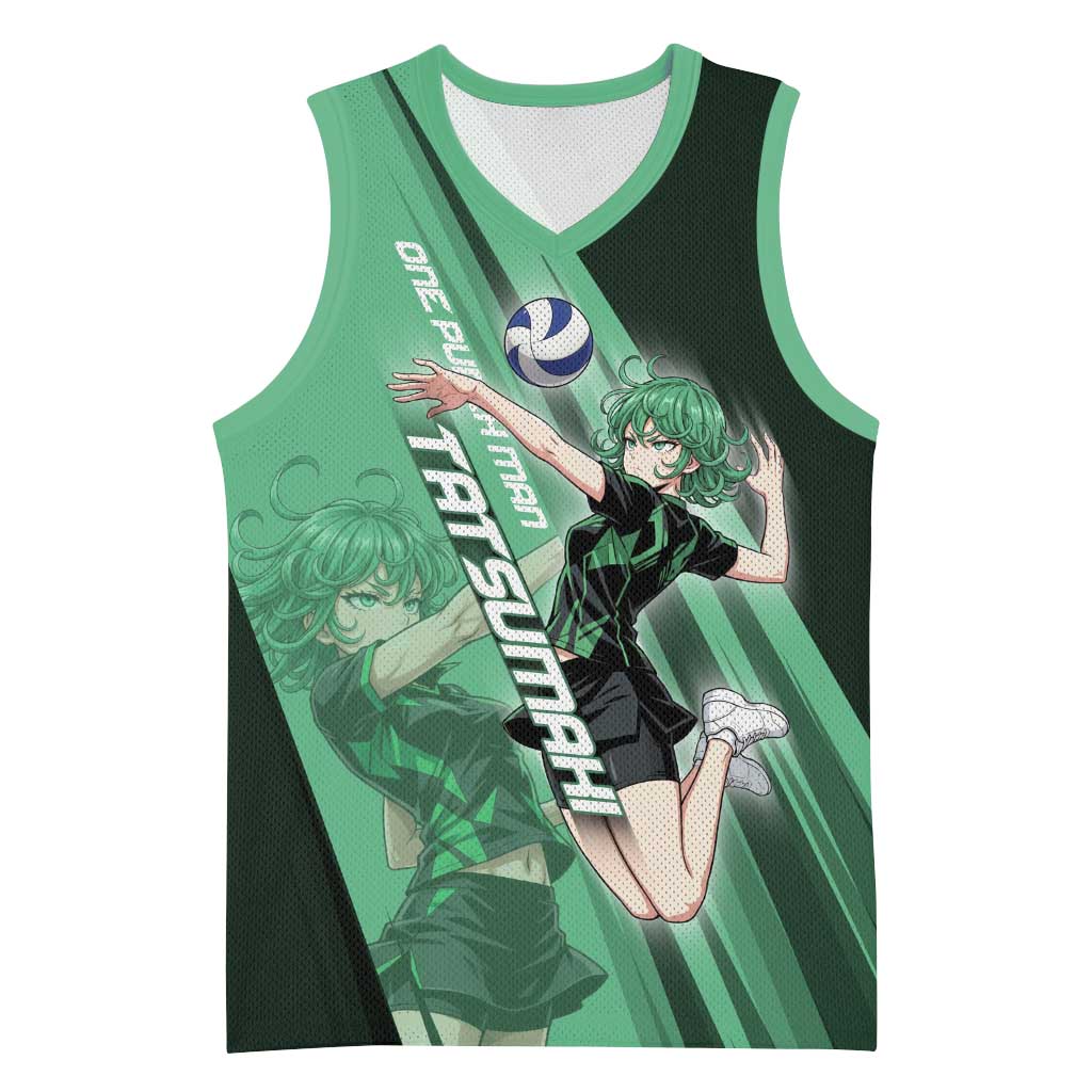 Personalized Tatsumaki Volleyball Design Basketball Jersey with Green Athletic Theme and Energetic Action Pose