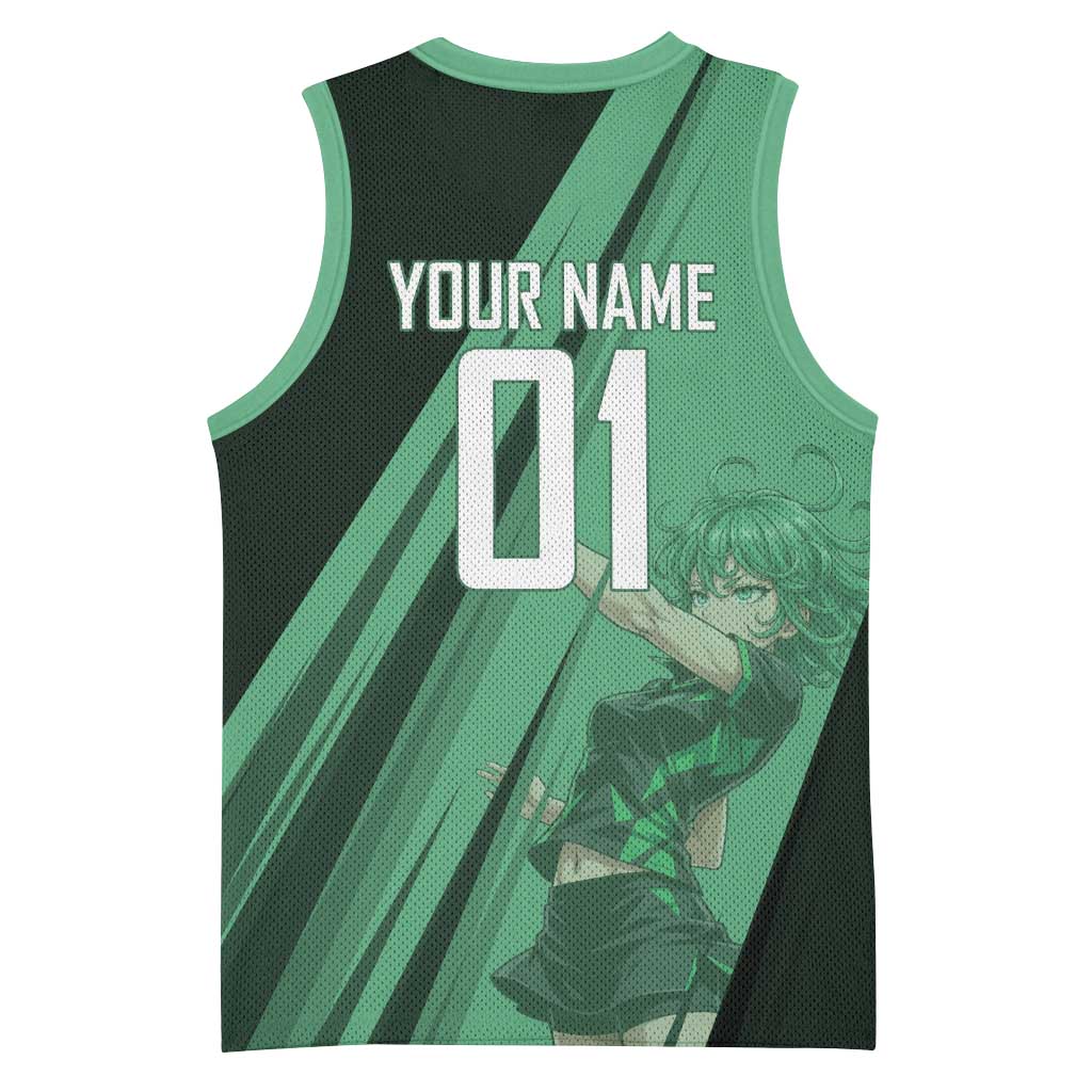 Personalized Tatsumaki Volleyball Design Basketball Jersey with Green Athletic Theme and Energetic Action Pose