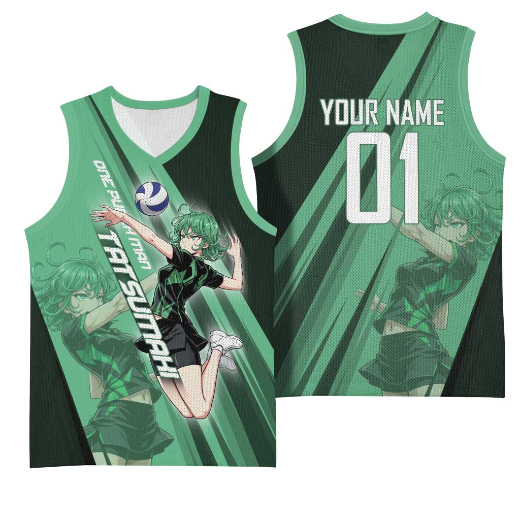 Personalized Tatsumaki Volleyball Design Basketball Jersey with Green Athletic Theme and Energetic Action Pose