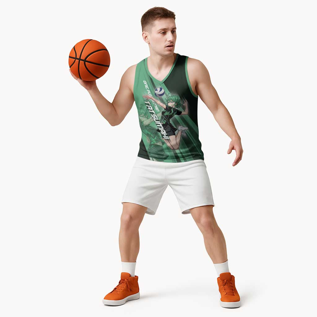 Personalized Tatsumaki Volleyball Design Basketball Jersey with Green Athletic Theme and Energetic Action Pose