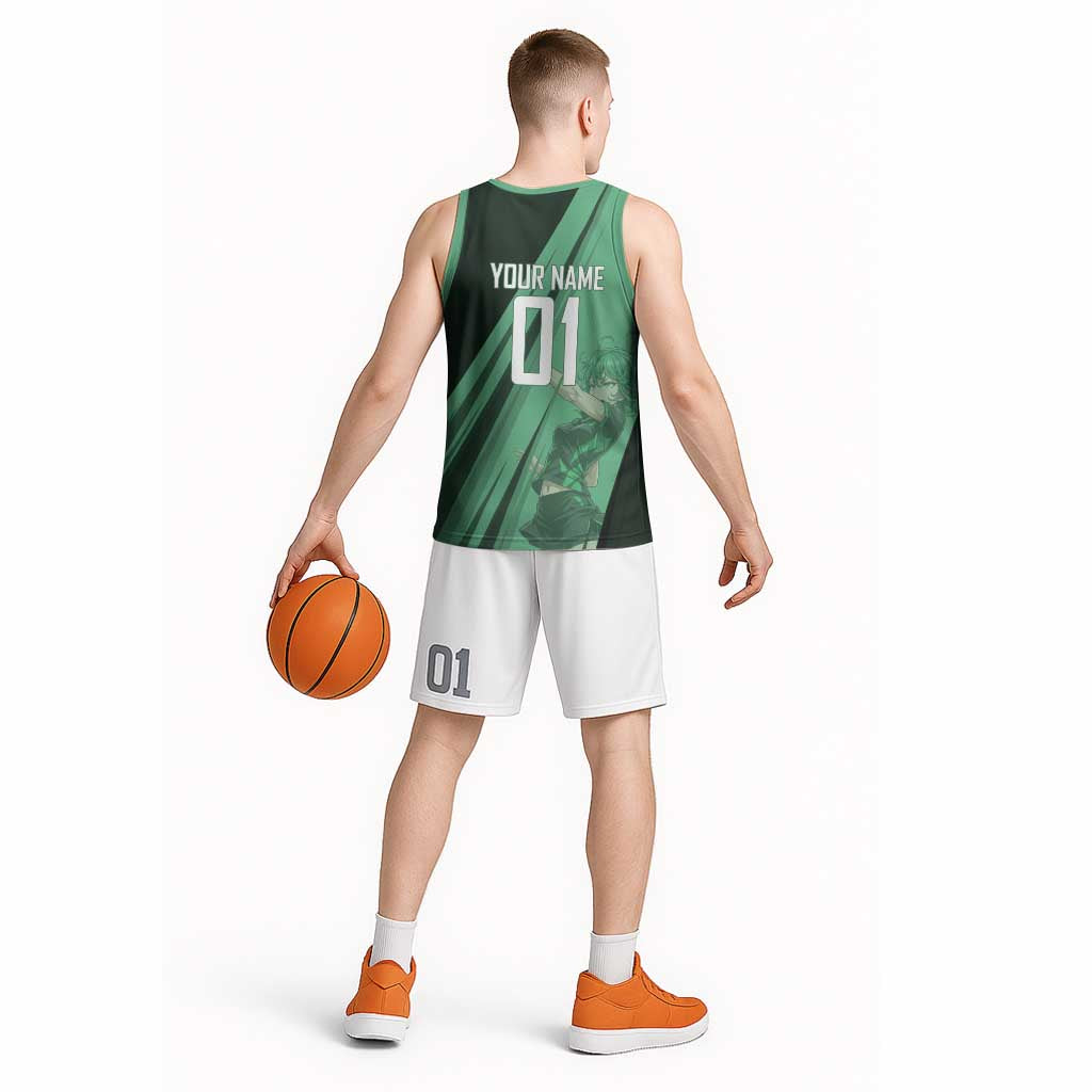 Personalized Tatsumaki Volleyball Design Basketball Jersey with Green Athletic Theme and Energetic Action Pose