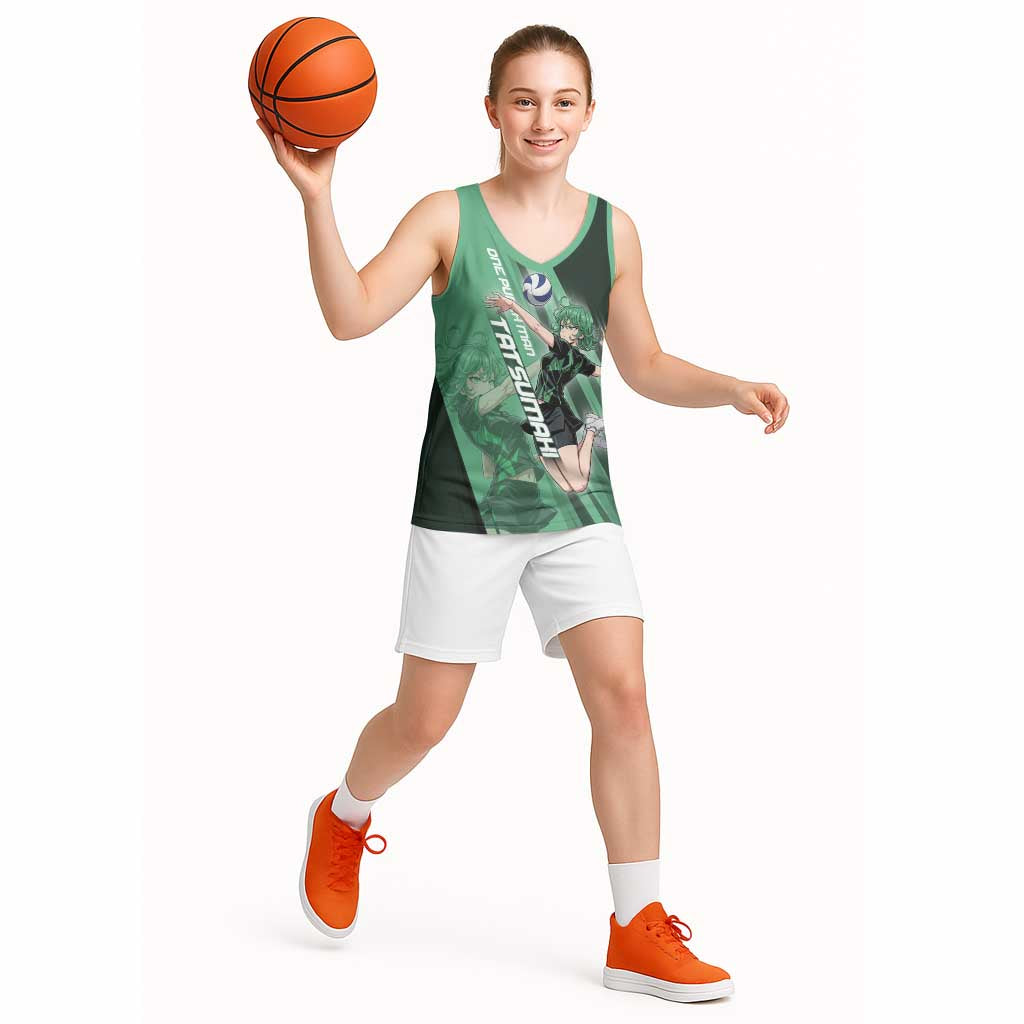 Personalized Tatsumaki Volleyball Design Basketball Jersey with Green Athletic Theme and Energetic Action Pose