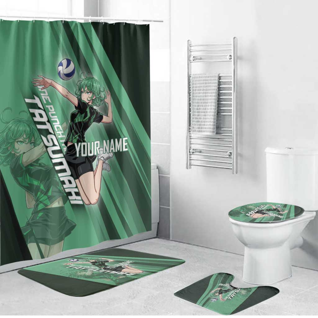 Personalized Tatsumaki Volleyball Design Bathroom Set with Green Athletic Theme and Energetic Action Pose