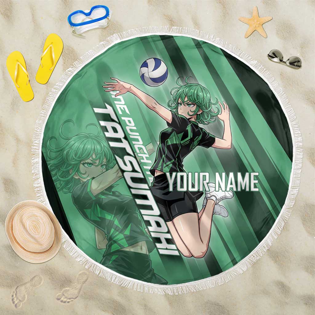 Personalized Tatsumaki Volleyball Design Beach Blanket with Green Athletic Theme and Energetic Action Pose
