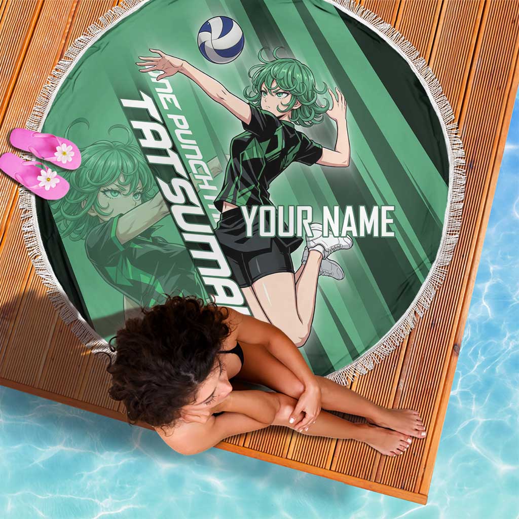 Personalized Tatsumaki Volleyball Design Beach Blanket with Green Athletic Theme and Energetic Action Pose
