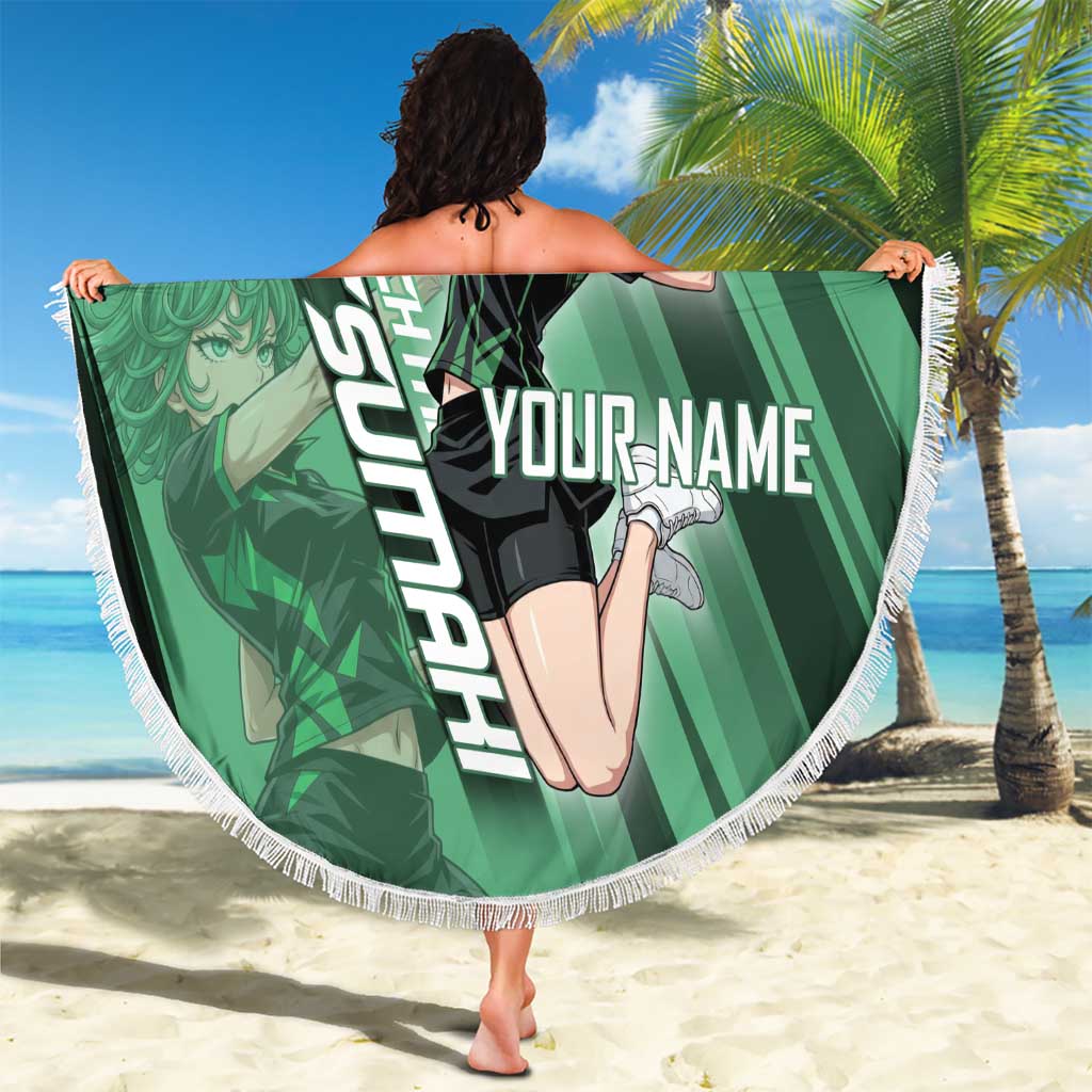 Personalized Tatsumaki Volleyball Design Beach Blanket with Green Athletic Theme and Energetic Action Pose