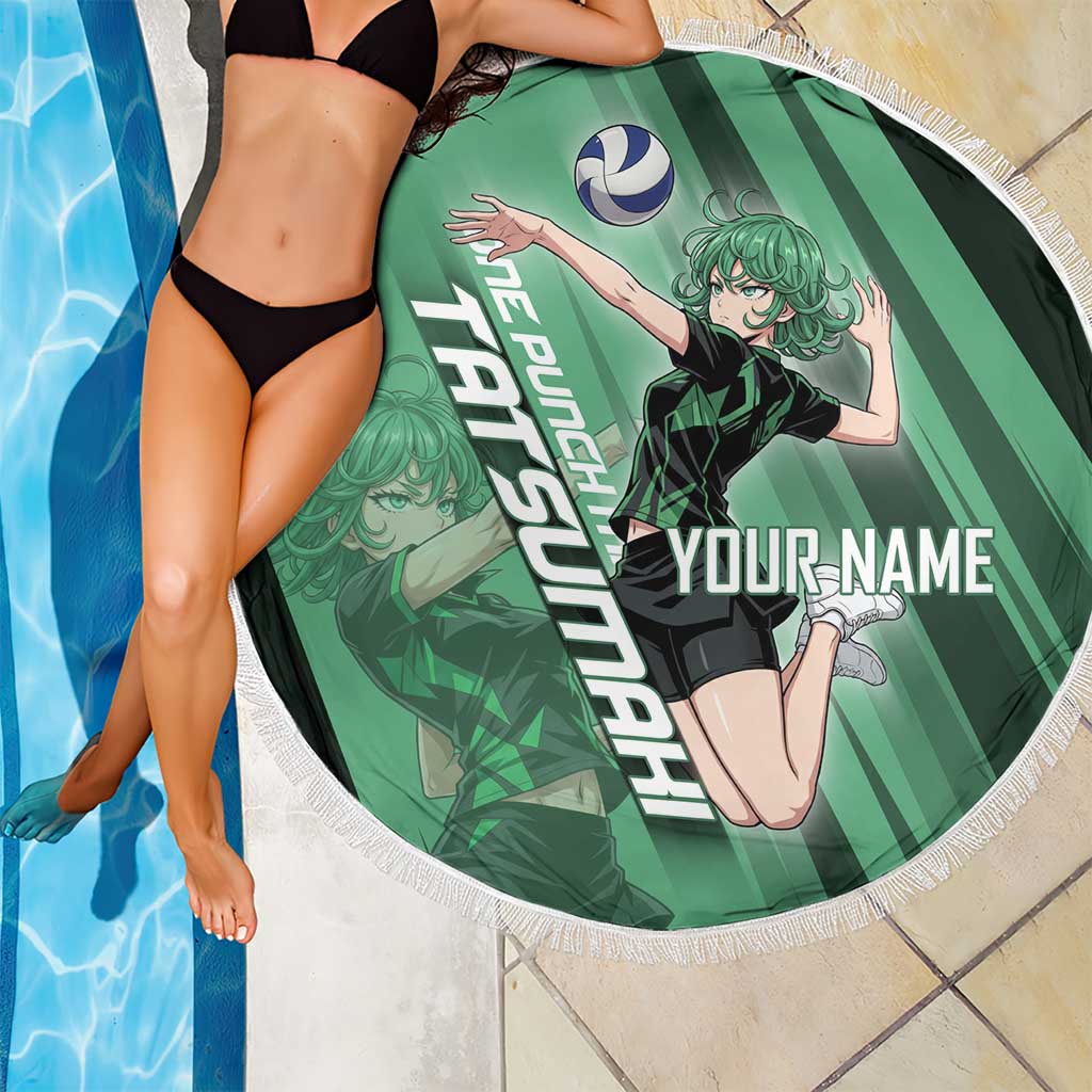 Personalized Tatsumaki Volleyball Design Beach Blanket with Green Athletic Theme and Energetic Action Pose