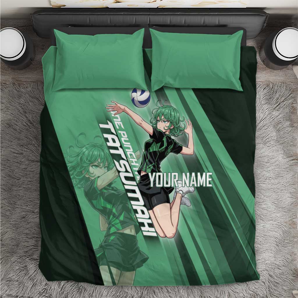 Personalized Tatsumaki Volleyball Design Bedding Set with Green Athletic Theme and Energetic Action Pose