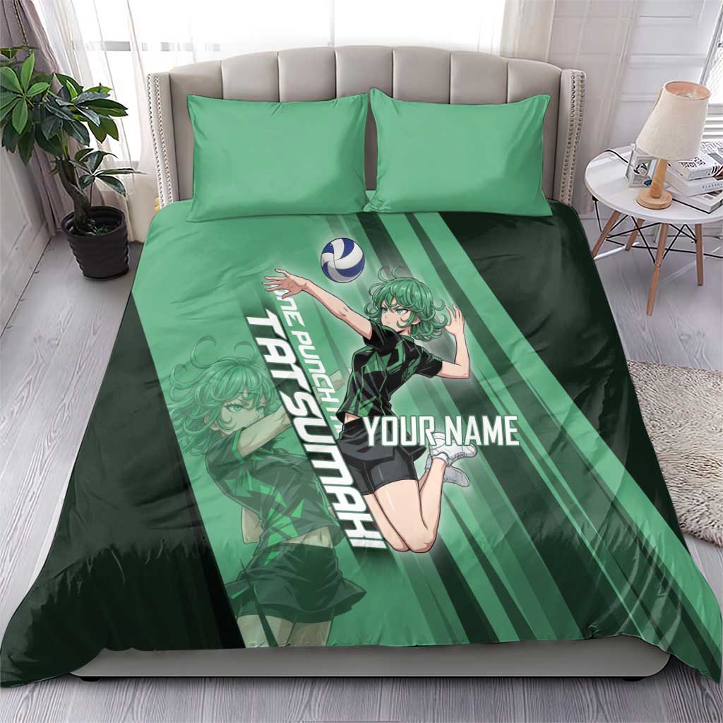 Personalized Tatsumaki Volleyball Design Bedding Set with Green Athletic Theme and Energetic Action Pose