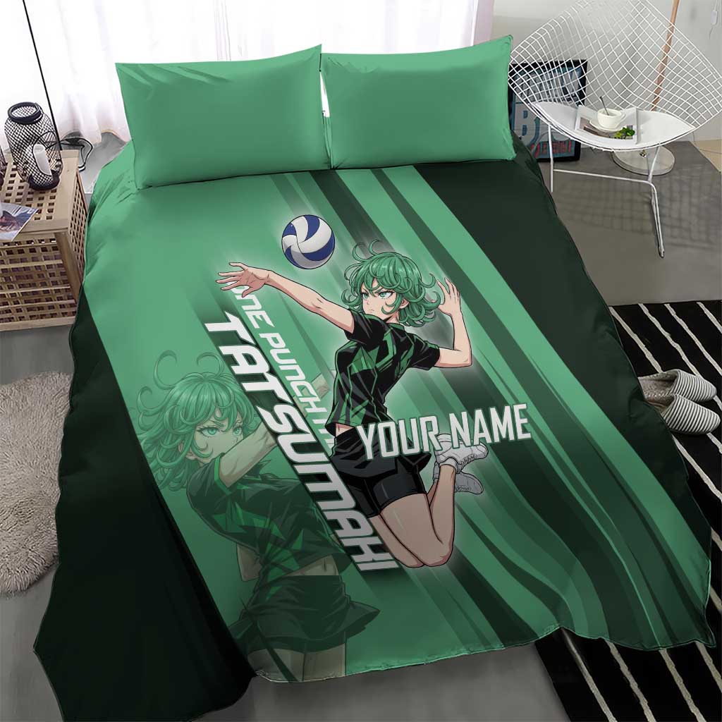 Personalized Tatsumaki Volleyball Design Bedding Set with Green Athletic Theme and Energetic Action Pose