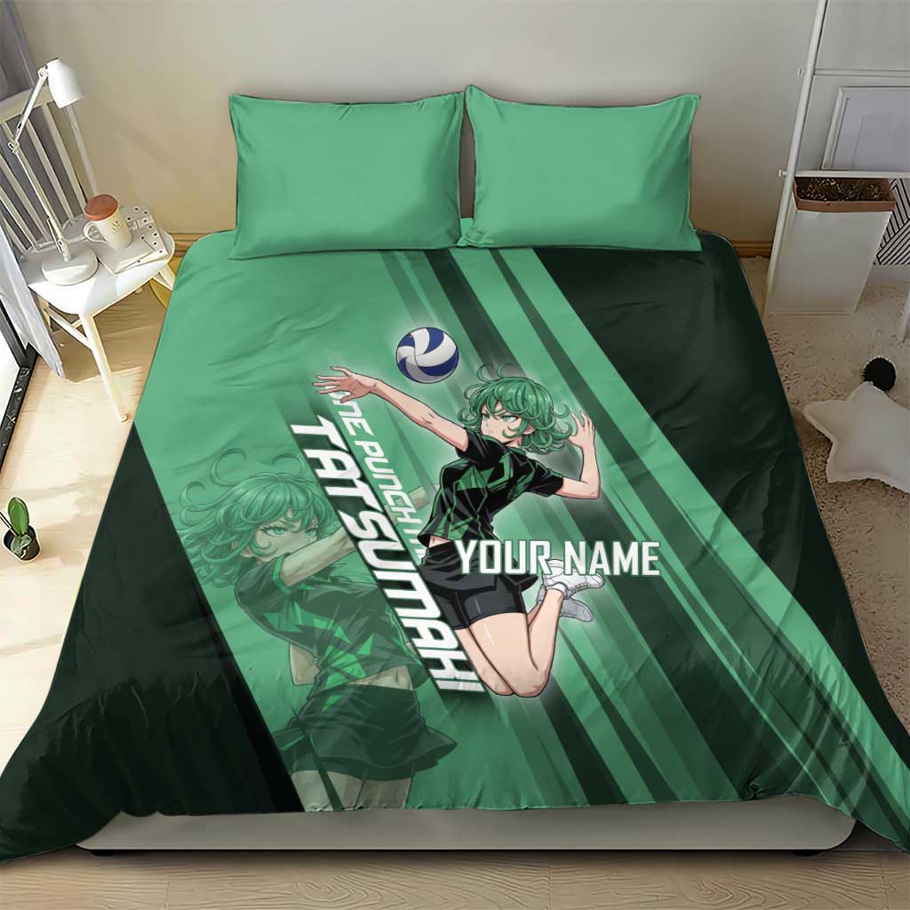Personalized Tatsumaki Volleyball Design Bedding Set with Green Athletic Theme and Energetic Action Pose