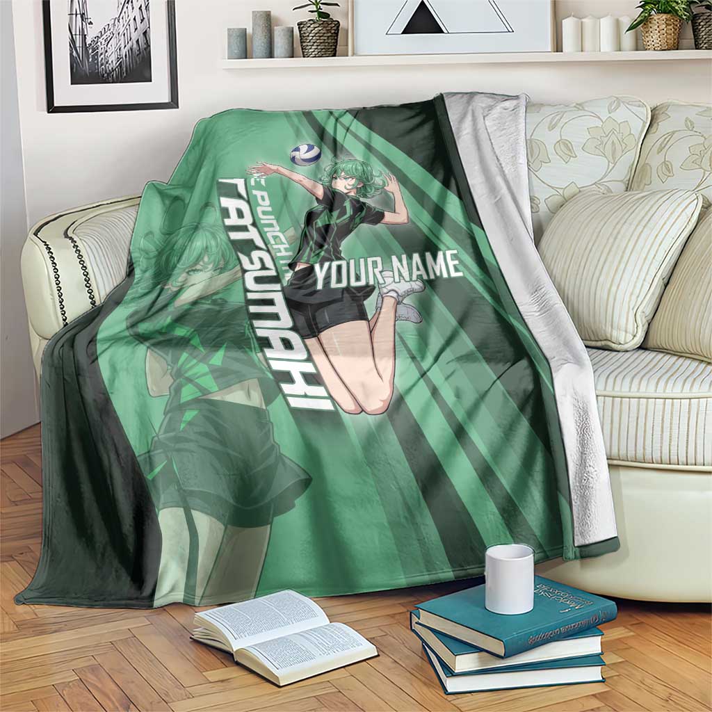 Personalized Tatsumaki Volleyball Design Blanket with Green Athletic Theme and Energetic Action Pose