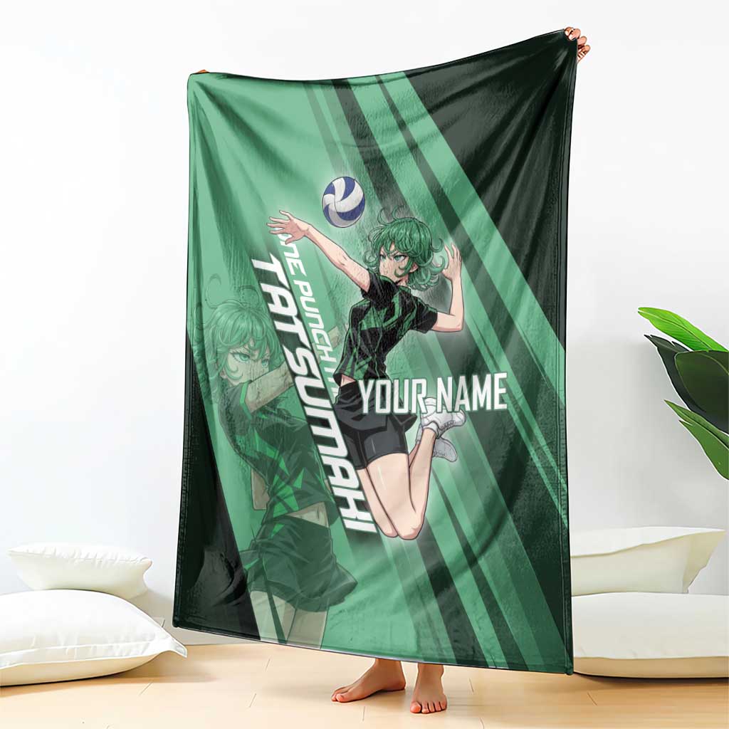 Personalized Tatsumaki Volleyball Design Blanket with Green Athletic Theme and Energetic Action Pose
