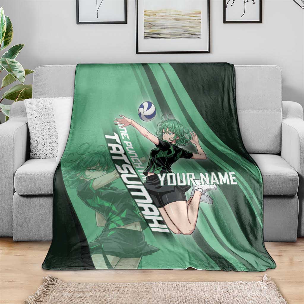 Personalized Tatsumaki Volleyball Design Blanket with Green Athletic Theme and Energetic Action Pose