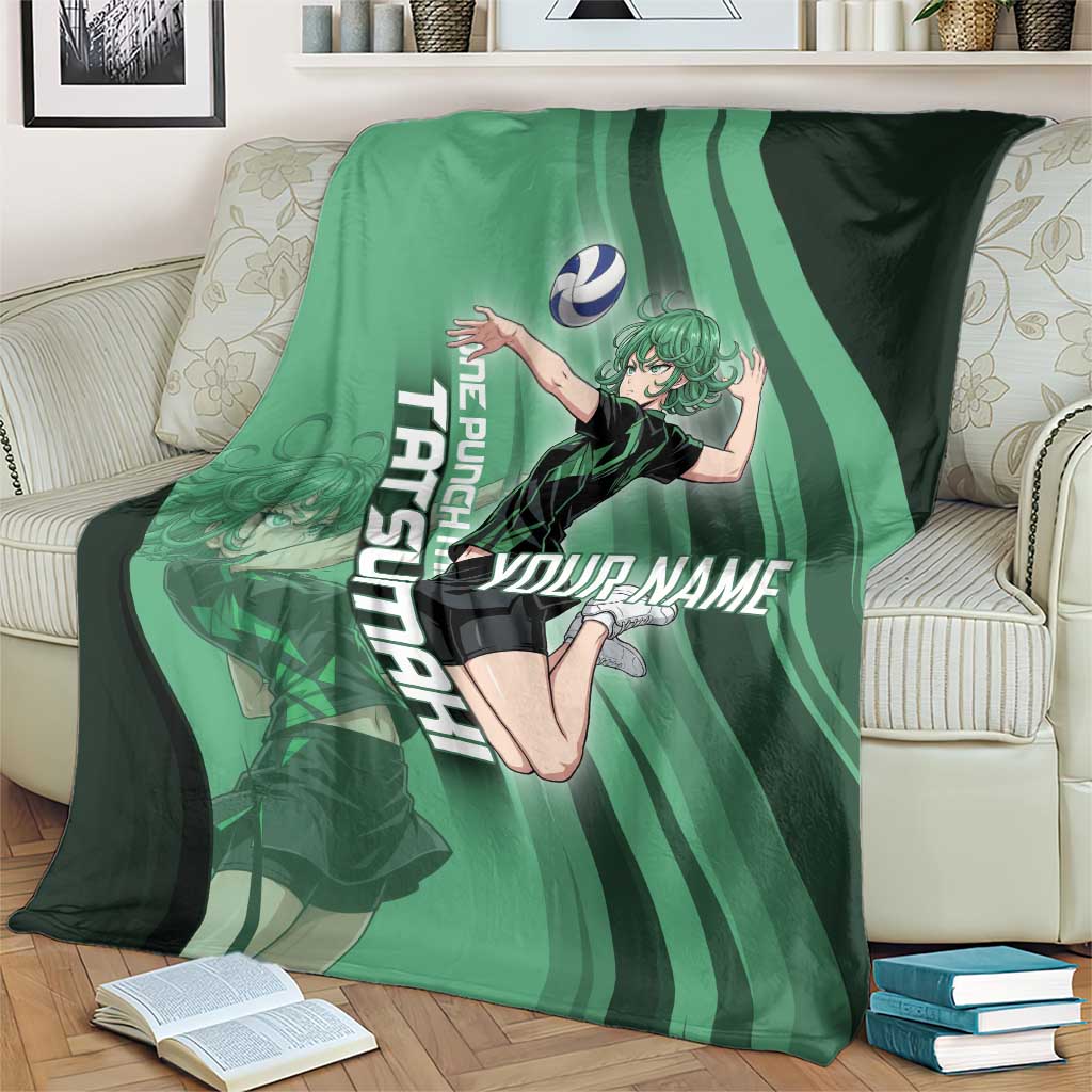 Personalized Tatsumaki Volleyball Design Blanket with Green Athletic Theme and Energetic Action Pose