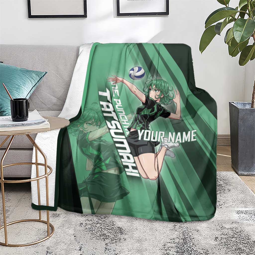 Personalized Tatsumaki Volleyball Design Blanket with Green Athletic Theme and Energetic Action Pose