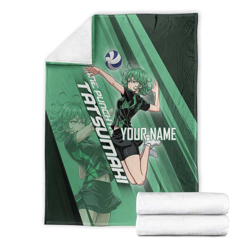 Personalized Tatsumaki Volleyball Design Blanket with Green Athletic Theme and Energetic Action Pose
