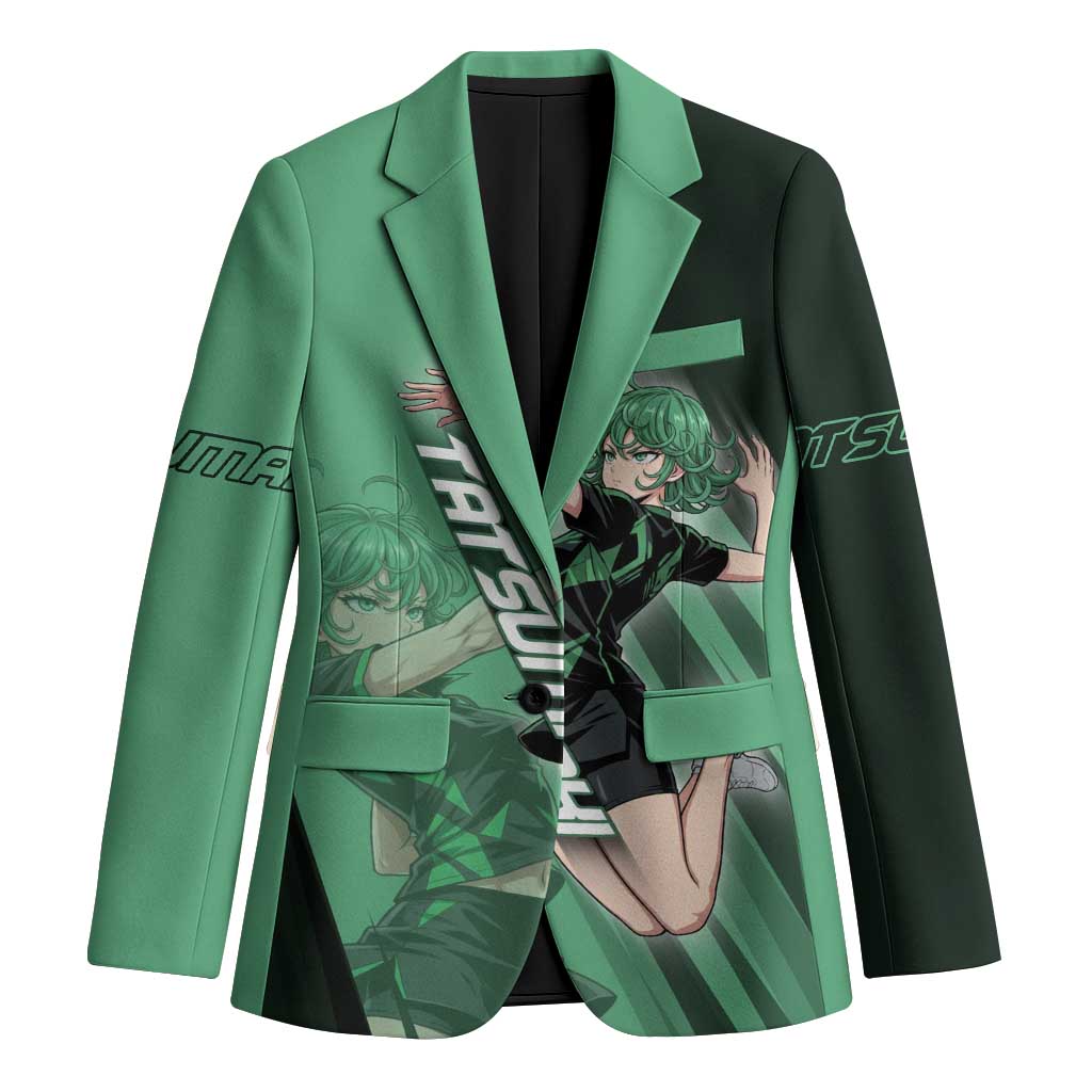Personalized Tatsumaki Volleyball Design Blazer with Green Athletic Theme and Energetic Action Pose