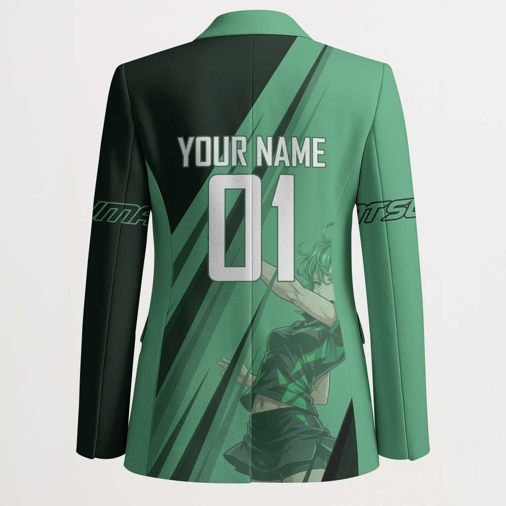 Personalized Tatsumaki Volleyball Design Blazer with Green Athletic Theme and Energetic Action Pose