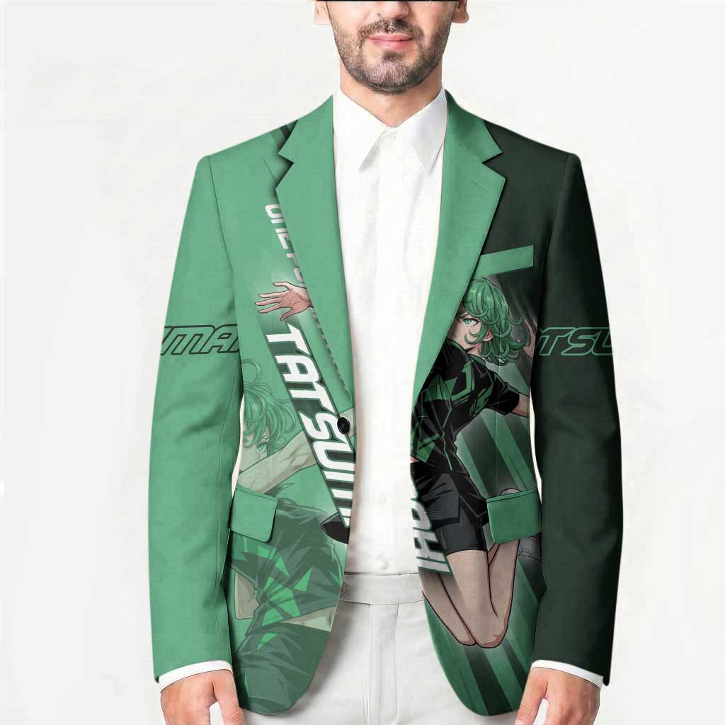Personalized Tatsumaki Volleyball Design Blazer with Green Athletic Theme and Energetic Action Pose