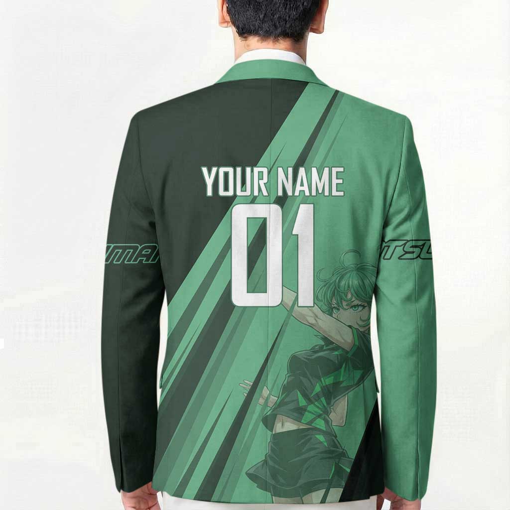 Personalized Tatsumaki Volleyball Design Blazer with Green Athletic Theme and Energetic Action Pose