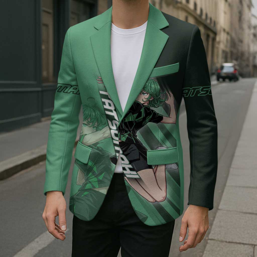 Personalized Tatsumaki Volleyball Design Blazer with Green Athletic Theme and Energetic Action Pose