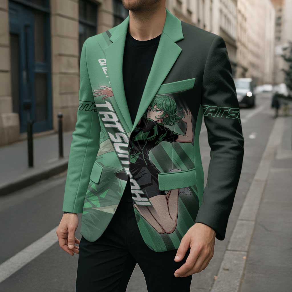 Personalized Tatsumaki Volleyball Design Blazer with Green Athletic Theme and Energetic Action Pose