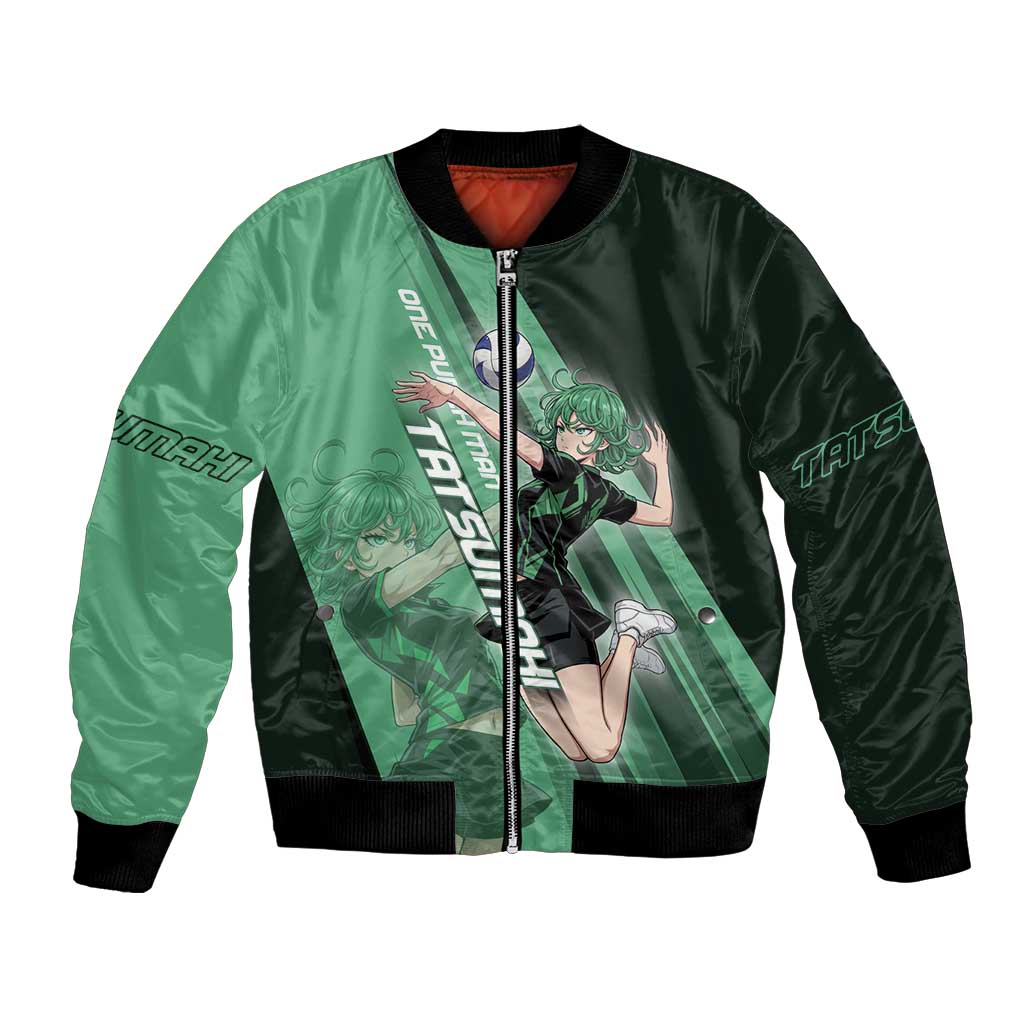 Personalized Tatsumaki Volleyball Design Bomber Jacket with Green Athletic Theme and Energetic Action Pose