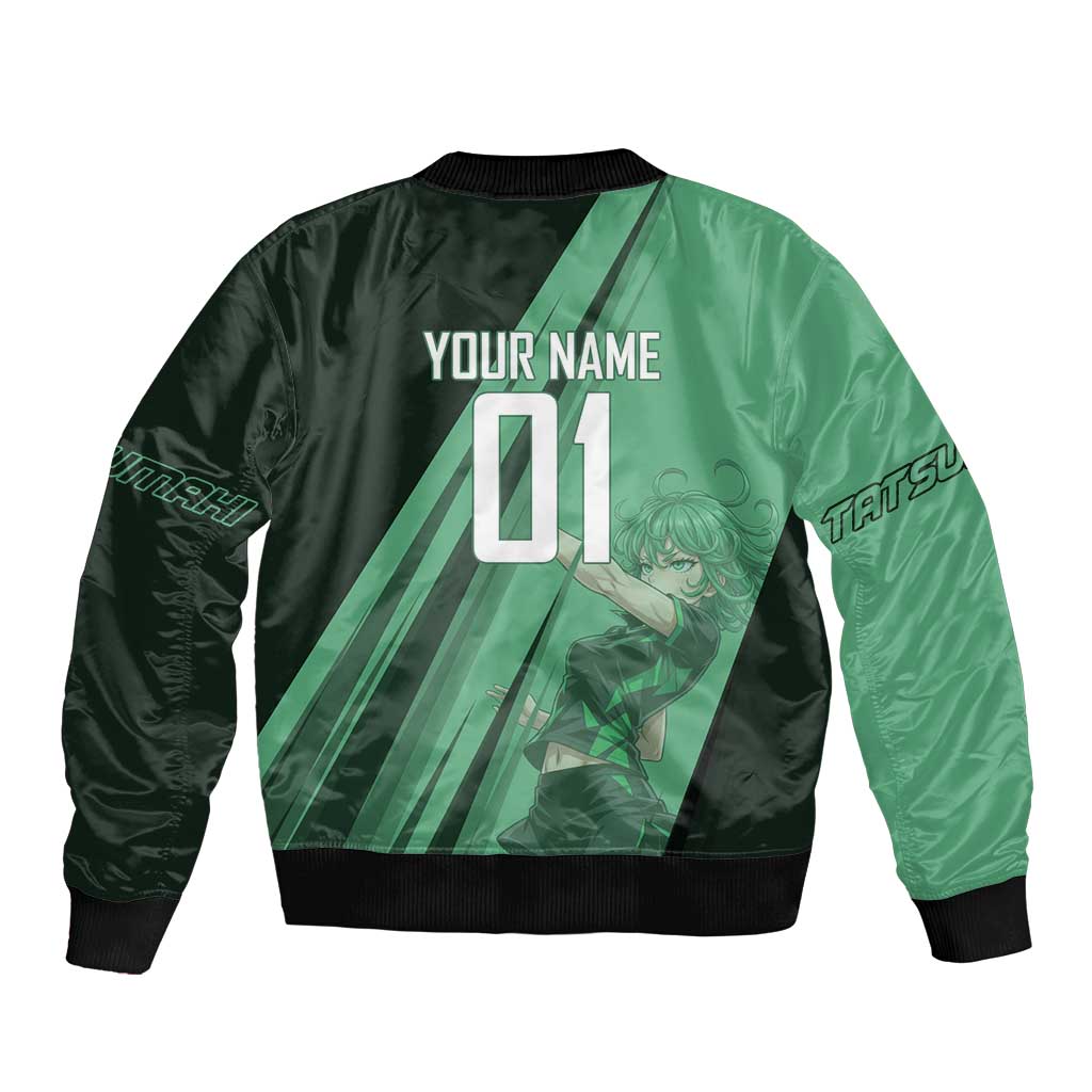 Personalized Tatsumaki Volleyball Design Bomber Jacket with Green Athletic Theme and Energetic Action Pose
