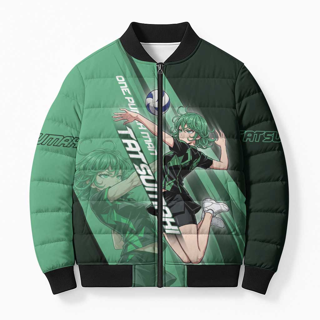 Personalized Tatsumaki Volleyball Design Bomber Puffer Jacket with Green Athletic Theme and Energetic Action Pose