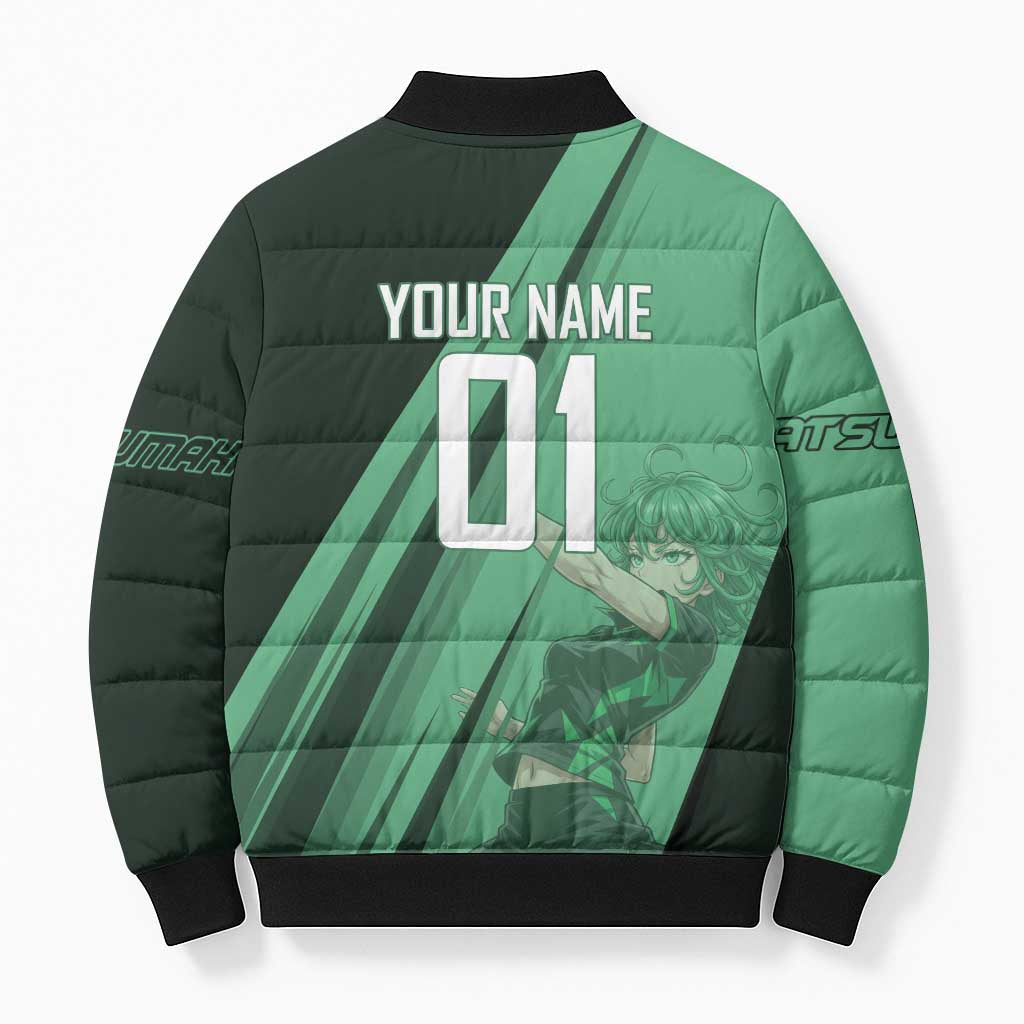 Personalized Tatsumaki Volleyball Design Bomber Puffer Jacket with Green Athletic Theme and Energetic Action Pose