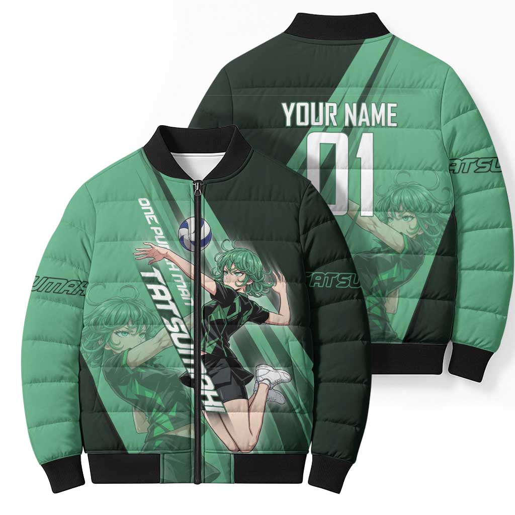 Personalized Tatsumaki Volleyball Design Bomber Puffer Jacket with Green Athletic Theme and Energetic Action Pose