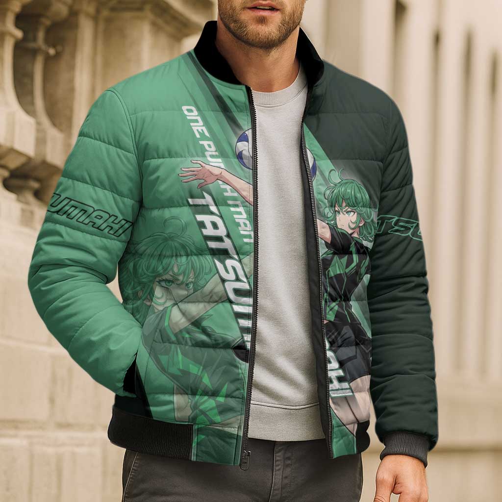 Personalized Tatsumaki Volleyball Design Bomber Puffer Jacket with Green Athletic Theme and Energetic Action Pose