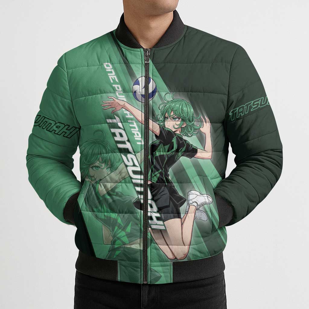 Personalized Tatsumaki Volleyball Design Bomber Puffer Jacket with Green Athletic Theme and Energetic Action Pose