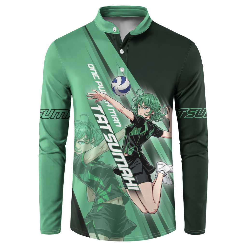 Personalized Tatsumaki Volleyball Design Button Sweatshirt with Green Athletic Theme and Energetic Action Pose