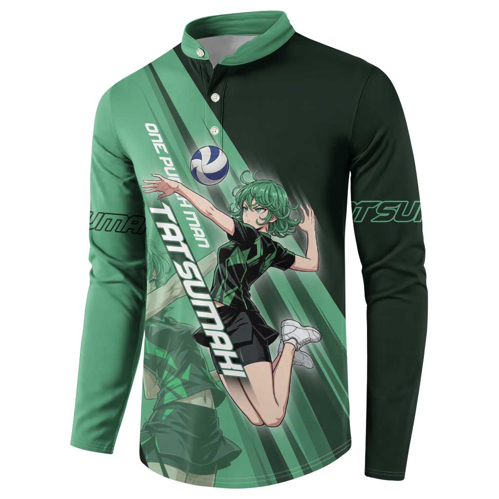 Personalized Tatsumaki Volleyball Design Button Sweatshirt with Green Athletic Theme and Energetic Action Pose