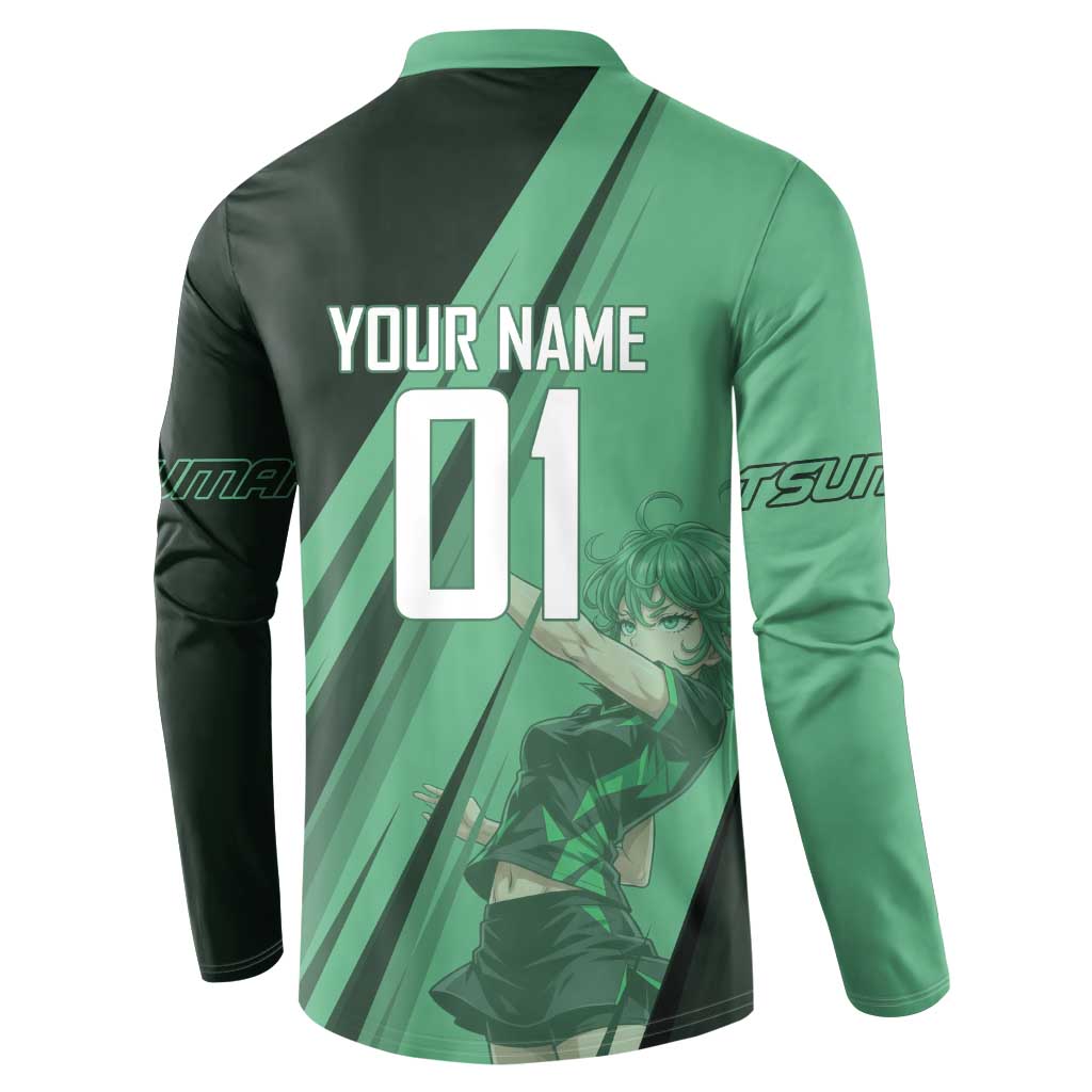 Personalized Tatsumaki Volleyball Design Button Sweatshirt with Green Athletic Theme and Energetic Action Pose