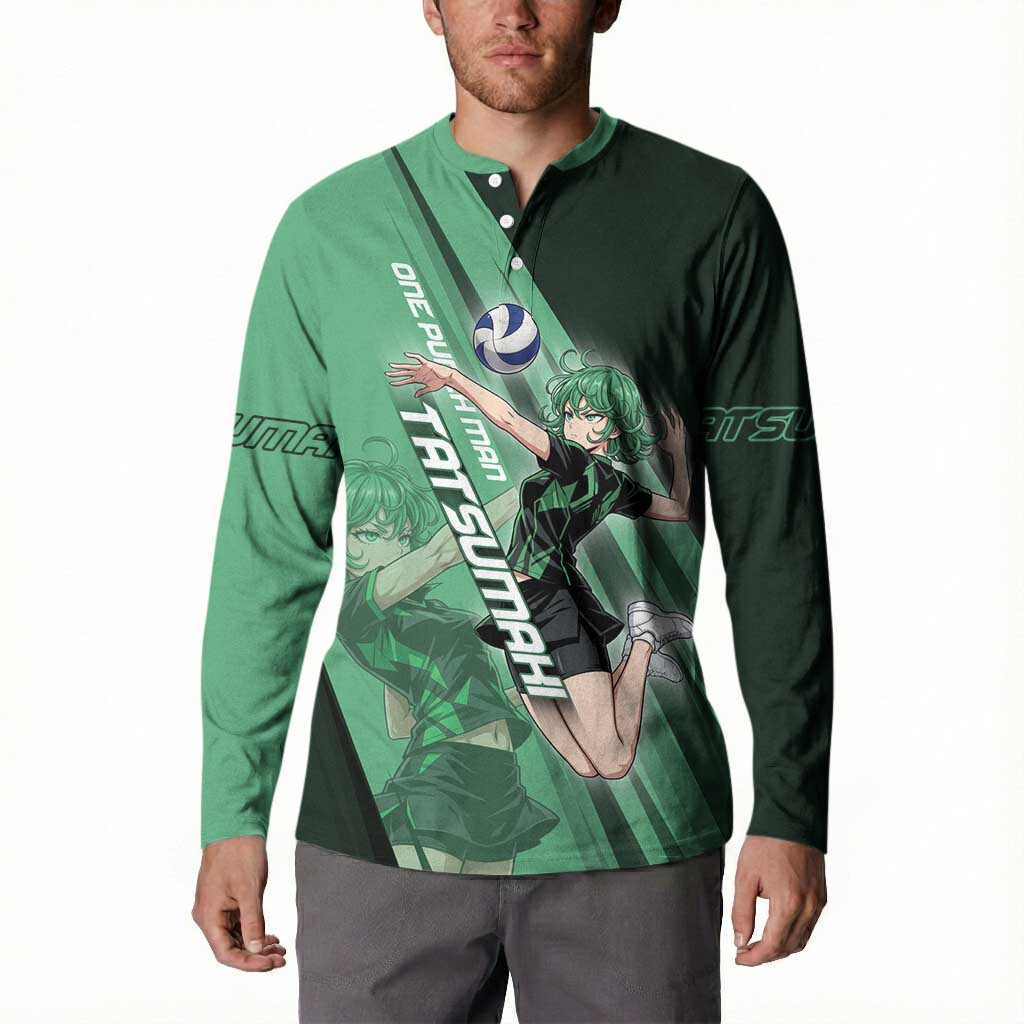 Personalized Tatsumaki Volleyball Design Button Sweatshirt with Green Athletic Theme and Energetic Action Pose