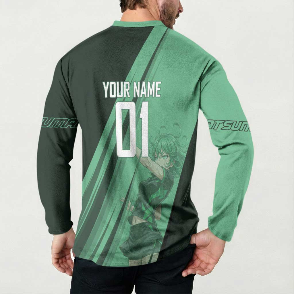 Personalized Tatsumaki Volleyball Design Button Sweatshirt with Green Athletic Theme and Energetic Action Pose