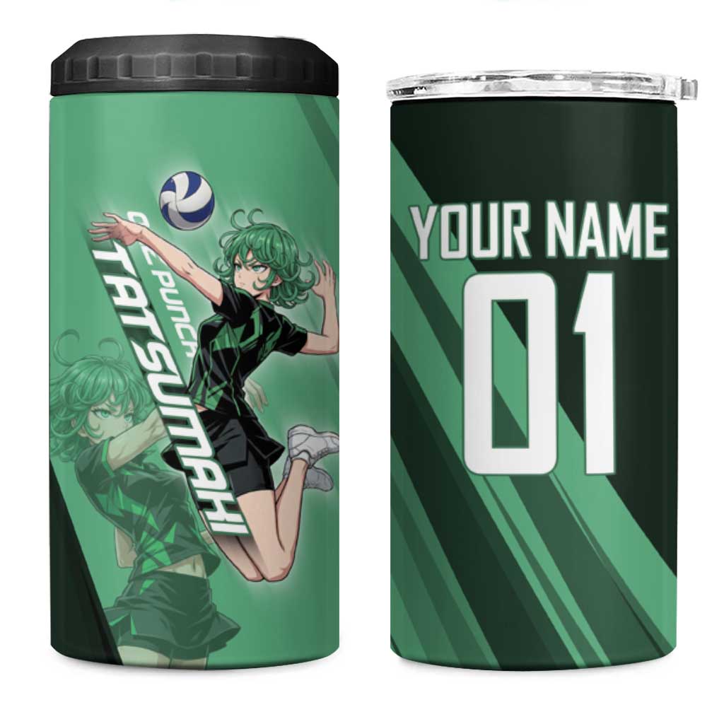 Personalized Tatsumaki Volleyball Design 4 in 1 Can Cooler Tumbler with Green Athletic Theme and Energetic Action Pose