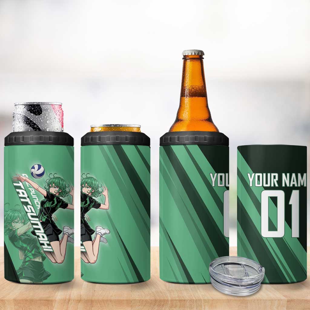 Personalized Tatsumaki Volleyball Design 4 in 1 Can Cooler Tumbler with Green Athletic Theme and Energetic Action Pose