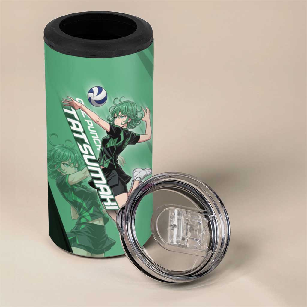Personalized Tatsumaki Volleyball Design 4 in 1 Can Cooler Tumbler with Green Athletic Theme and Energetic Action Pose