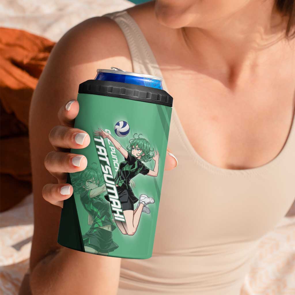 Personalized Tatsumaki Volleyball Design 4 in 1 Can Cooler Tumbler with Green Athletic Theme and Energetic Action Pose