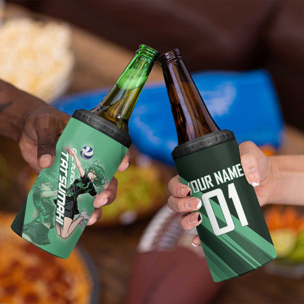 Personalized Tatsumaki Volleyball Design 4 in 1 Can Cooler Tumbler with Green Athletic Theme and Energetic Action Pose