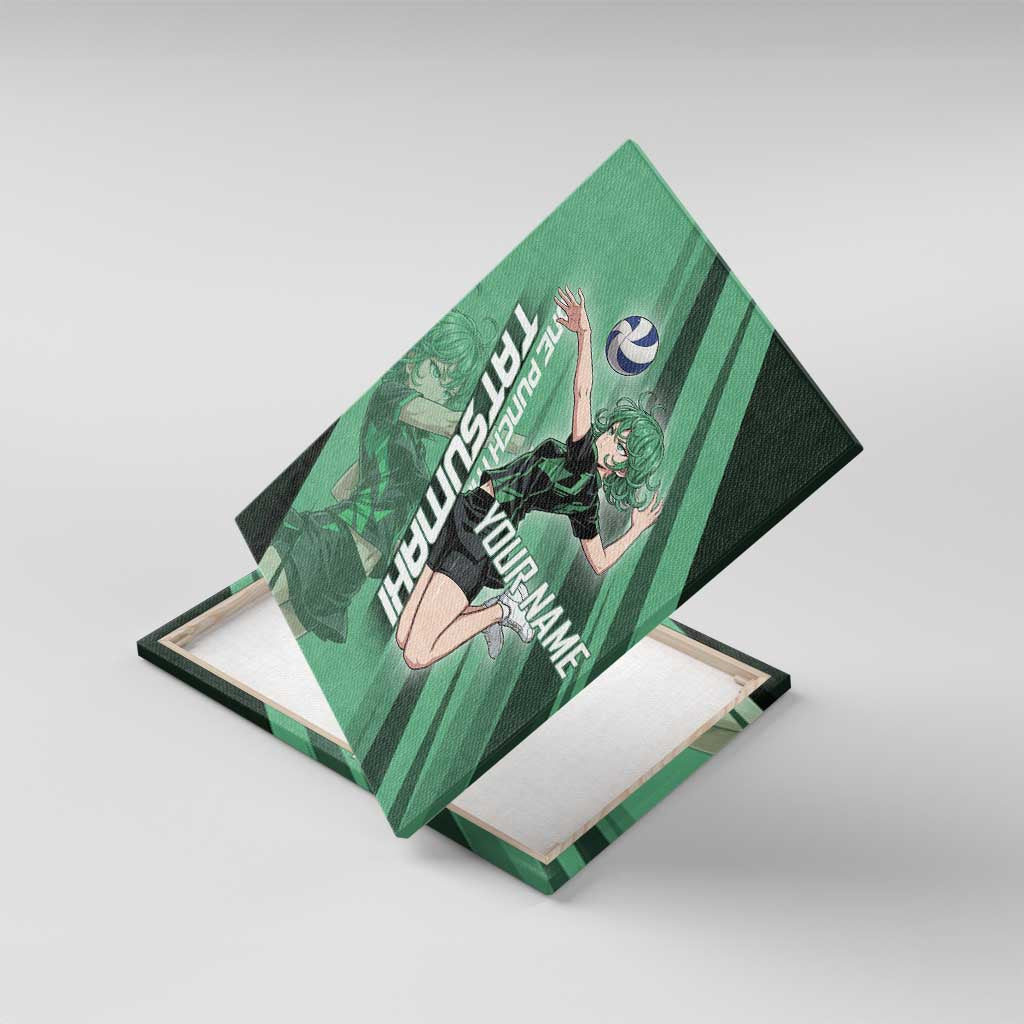 Personalized Tatsumaki Volleyball Design Canvas Wall Art with Green Athletic Theme and Energetic Action Pose